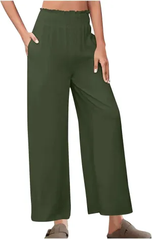 Linen Pants Women Trendy Ruffle Elastic High Wasit Palazzo Pants Dressy Casual Summer Wide Leg Trousers with Pockets