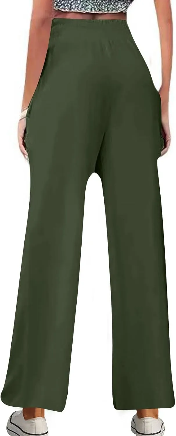 Linen Pants Women Trendy Ruffle Elastic High Wasit Palazzo Pants Dressy Casual Summer Wide Leg Trousers with Pockets