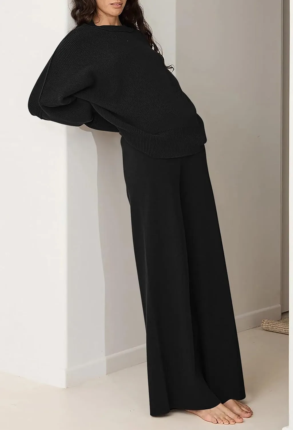 Linsery Women 2 Piece Sweater Sets Long Sleeve Knit Top Matching Wide Leg Pant Knitted Sweatsuit Outfits