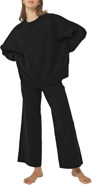 Linsery Women 2 Piece Sweater Sets Long Sleeve Knit Top Matching Wide Leg Pant Knitted Sweatsuit Outfits