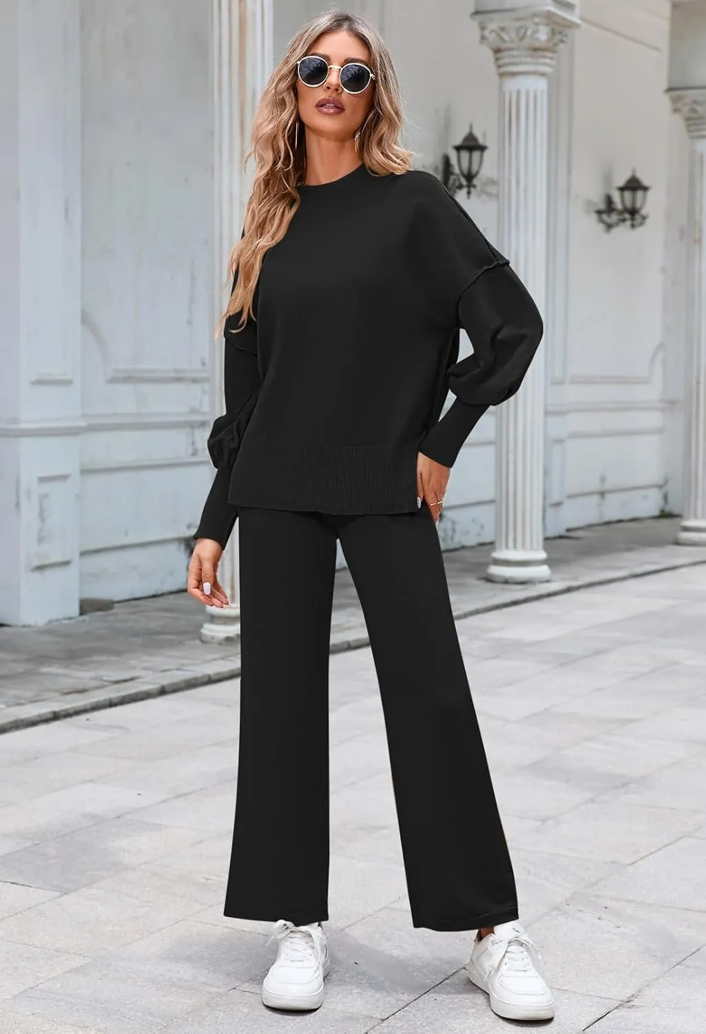 Linsery Women 2 Piece Sweater Sets Long Sleeve Knit Top Matching Wide Leg Pant Knitted Sweatsuit Outfits