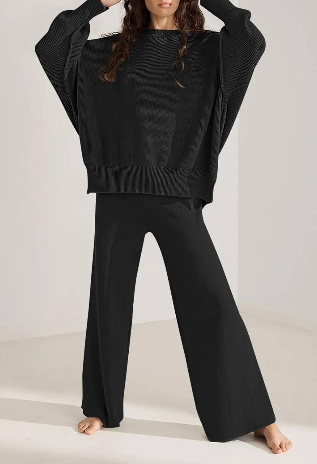 Linsery Women 2 Piece Sweater Sets Long Sleeve Knit Top Matching Wide Leg Pant Knitted Sweatsuit Outfits