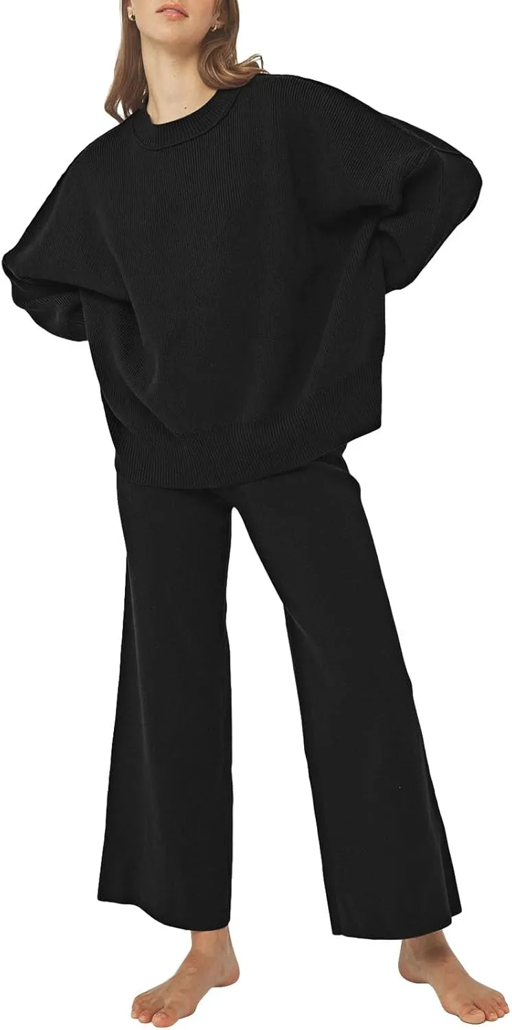 Linsery Women 2 Piece Sweater Sets Long Sleeve Knit Top Matching Wide Leg Pant Knitted Sweatsuit Outfits