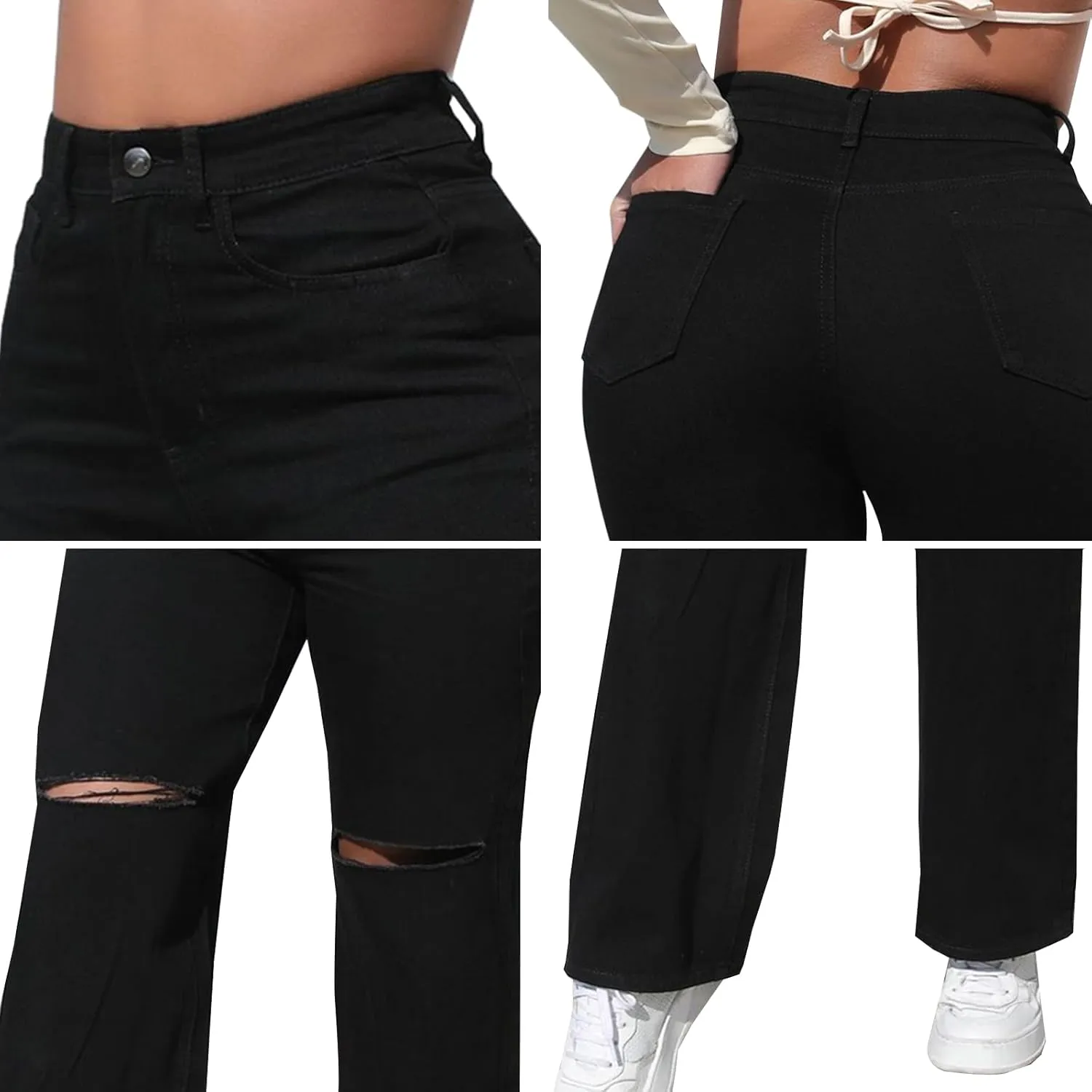 LONGBIDA Womens High Waist Ripped Straight Wide Leg Baggy Jeans Y2k Boyfriend Distressed Loose Denim Pants