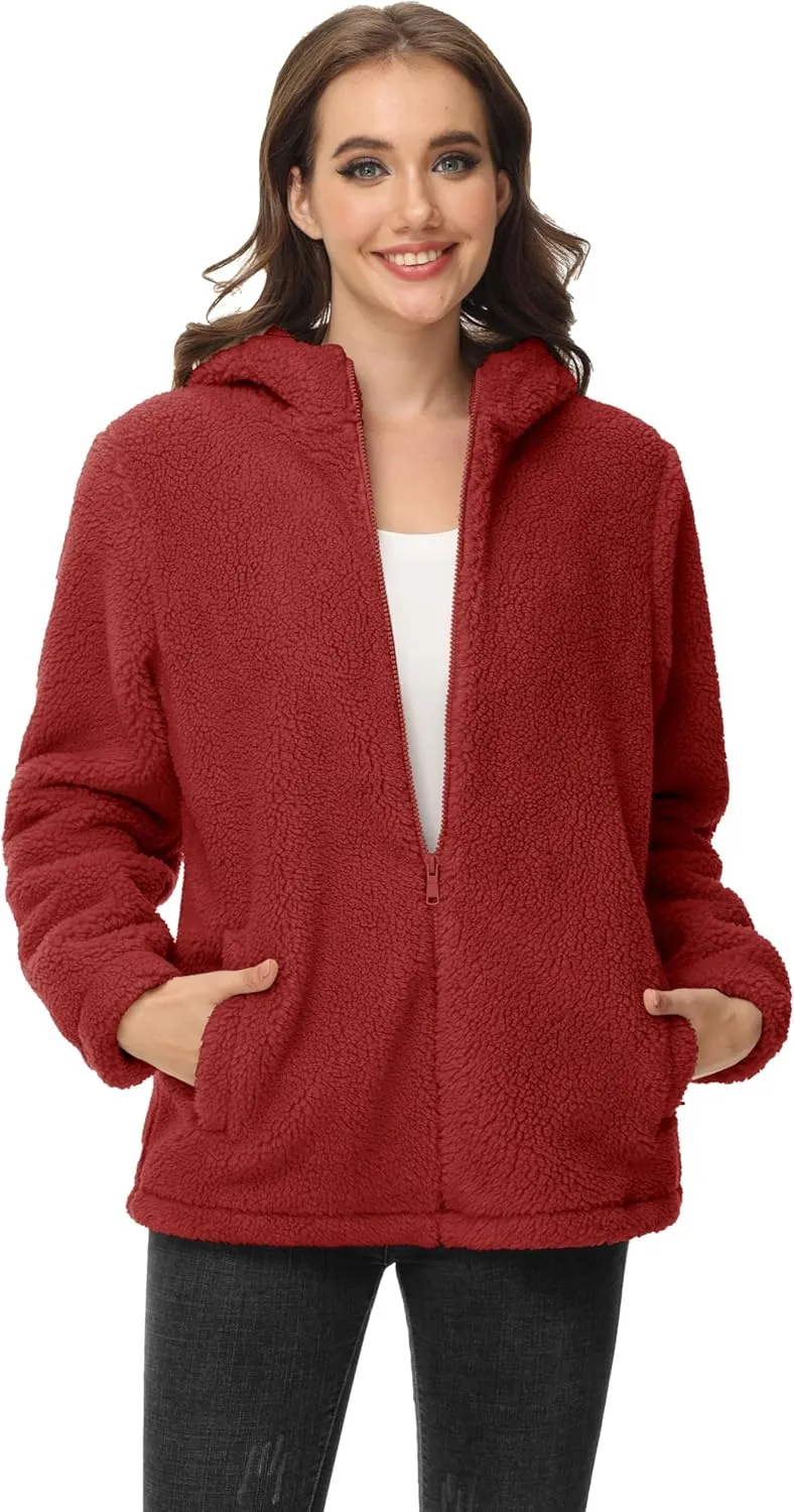 MAGCOMSEN Women's Sherpa Jacket Zip Up Hoodie Fuzzy Teddy Coat with Zipper Pockets Lightweight Fleece Lined Warm Winter Coat