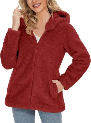 MAGCOMSEN Women's Sherpa Jacket Zip Up Hoodie Fuzzy Teddy Coat with Zipper Pockets Lightweight Fleece Lined Warm Winter Coat