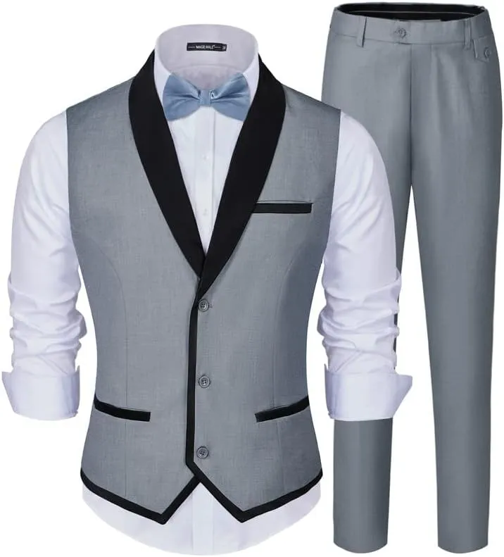 MAGE MALE Men's 2 Piece Suit Slim Fit Formal Business Vest Suit for Men Fashion Casual Wedding Waistcoat Pants Set