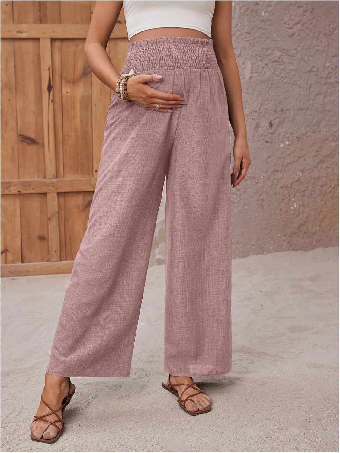 MakeMeChic Women's Maternity Pants Elastic Waist Wide Leg Frill Trim Loose Pregnancy Linen Palazzo Trousers
