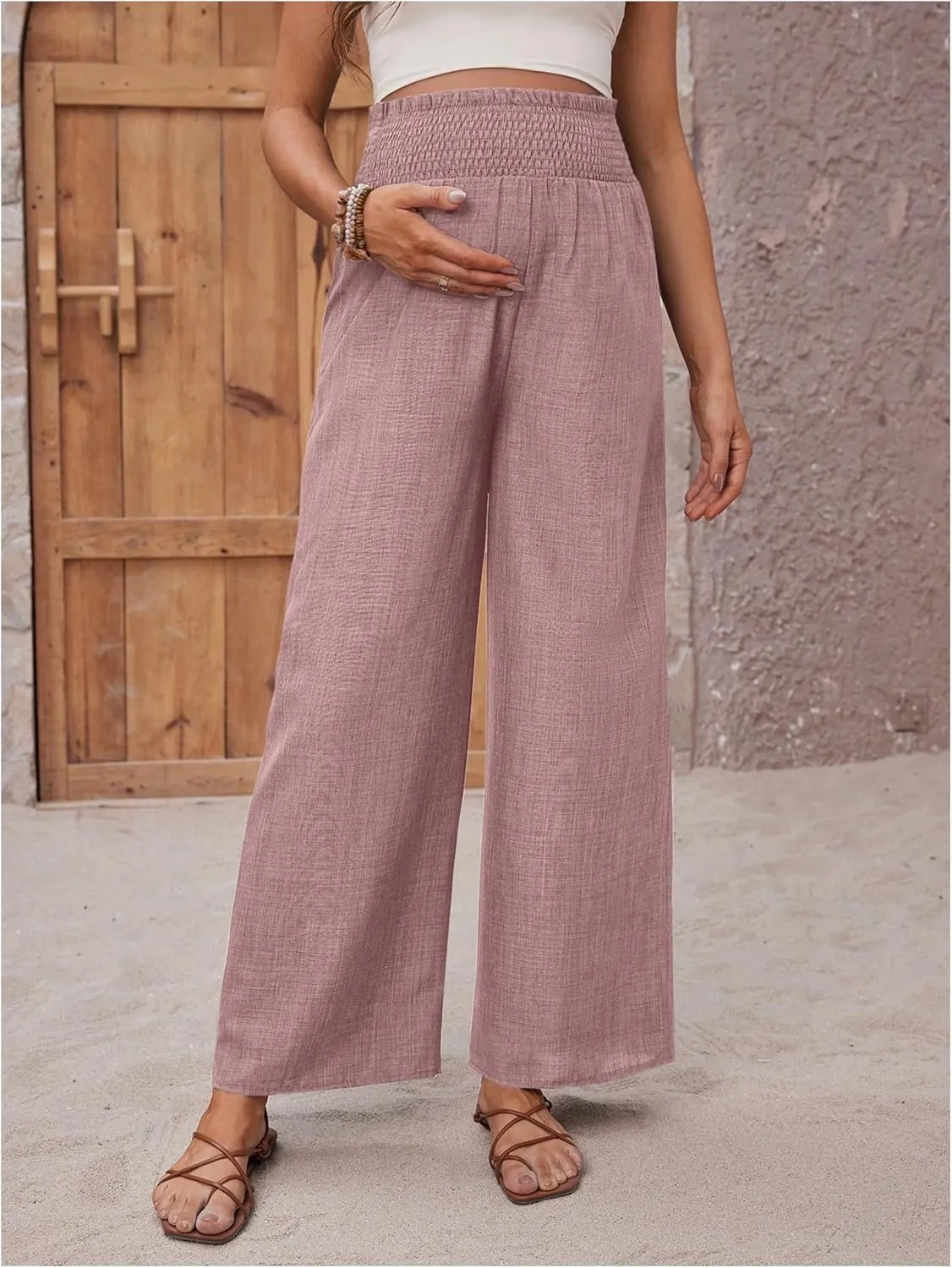 MakeMeChic Women's Maternity Pants Elastic Waist Wide Leg Frill Trim Loose Pregnancy Linen Palazzo Trousers