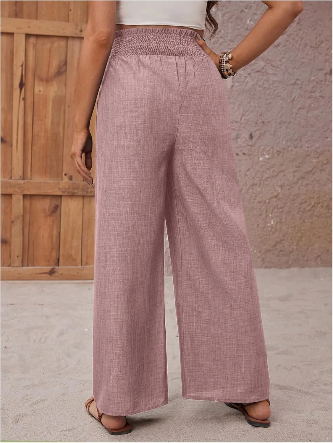MakeMeChic Women's Maternity Pants Elastic Waist Wide Leg Frill Trim Loose Pregnancy Linen Palazzo Trousers