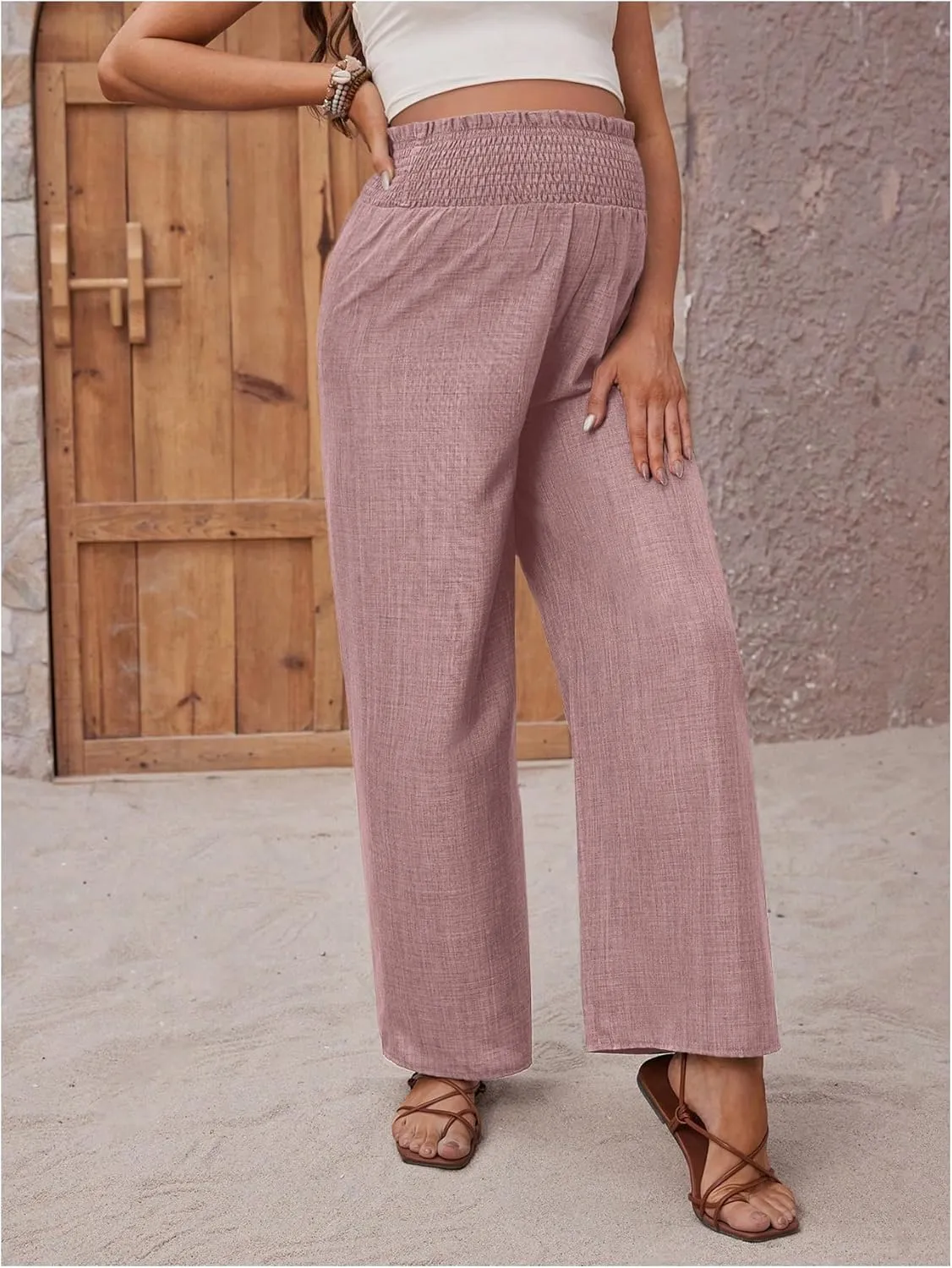 MakeMeChic Women's Maternity Pants Elastic Waist Wide Leg Frill Trim Loose Pregnancy Linen Palazzo Trousers