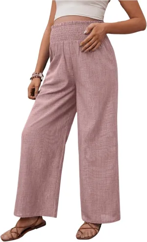 MakeMeChic Women's Maternity Pants Elastic Waist Wide Leg Frill Trim Loose Pregnancy Linen Palazzo Trousers