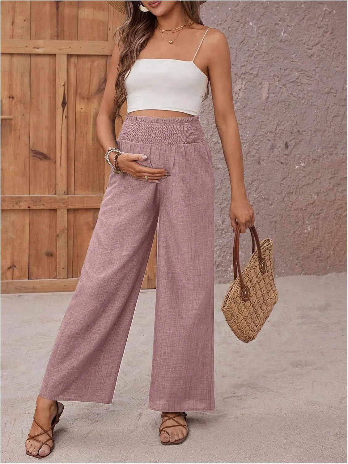 MakeMeChic Women's Maternity Pants Elastic Waist Wide Leg Frill Trim Loose Pregnancy Linen Palazzo Trousers
