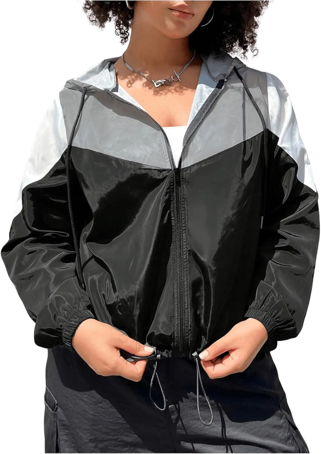 MakeMeChic Women's Plus Size Colorblock Hooded Coat Drawstring Zip Up Long Sleeve Windbreaker Jacket
