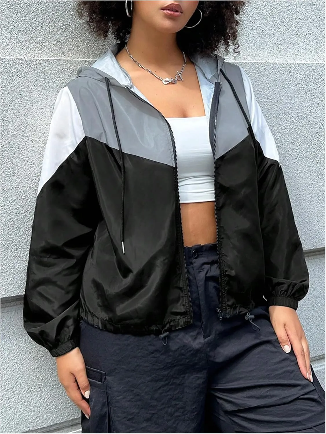 MakeMeChic Women's Plus Size Colorblock Hooded Coat Drawstring Zip Up Long Sleeve Windbreaker Jacket