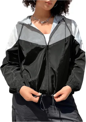MakeMeChic Women's Plus Size Colorblock Hooded Coat Drawstring Zip Up Long Sleeve Windbreaker Jacket