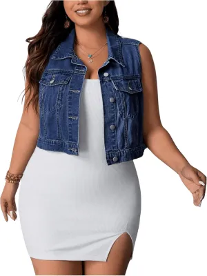 MakeMeChic Women's Plus Size Denim Vest Button Down Flap Pocket Jean Vest Sleeveless Collar Crop Denim Jacket