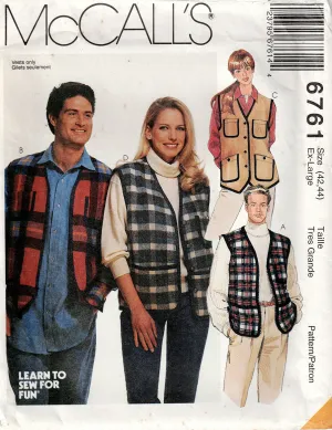 McCall's 6761 Mens Womens UNISEX Lined or Unlined Vests with Pockets 1990s Vintage Sewing Pattern 42 - 44 inches UNCUT Factory Folded