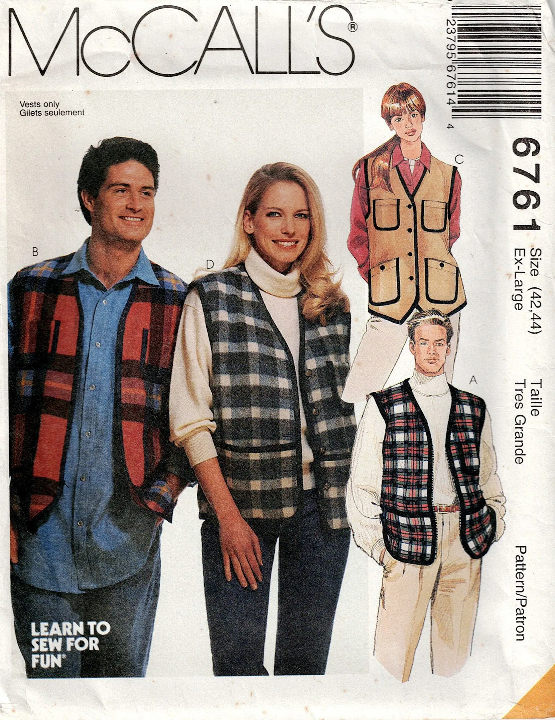 McCall's 6761 Mens Womens UNISEX Lined or Unlined Vests with Pockets 1990s Vintage Sewing Pattern 42 - 44 inches UNCUT Factory Folded