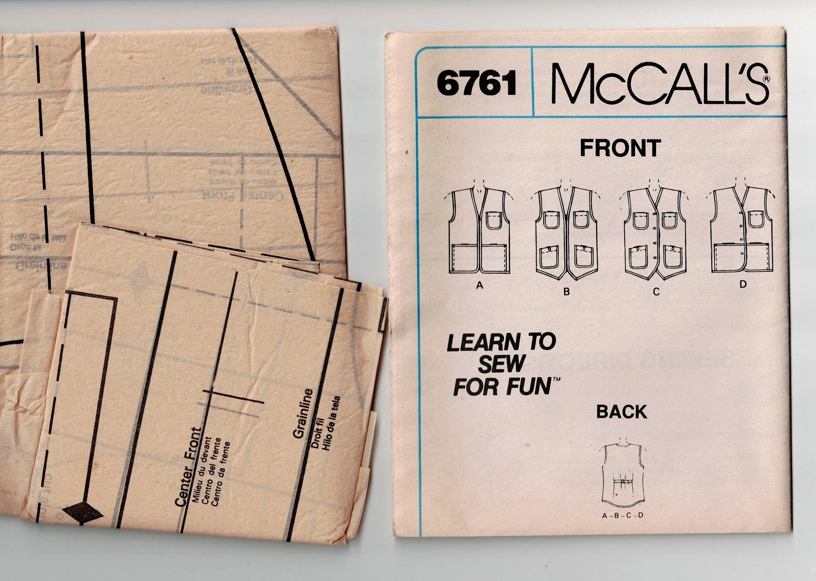 McCall's 6761 Mens Womens UNISEX Lined or Unlined Vests with Pockets 1990s Vintage Sewing Pattern 42 - 44 inches UNCUT Factory Folded