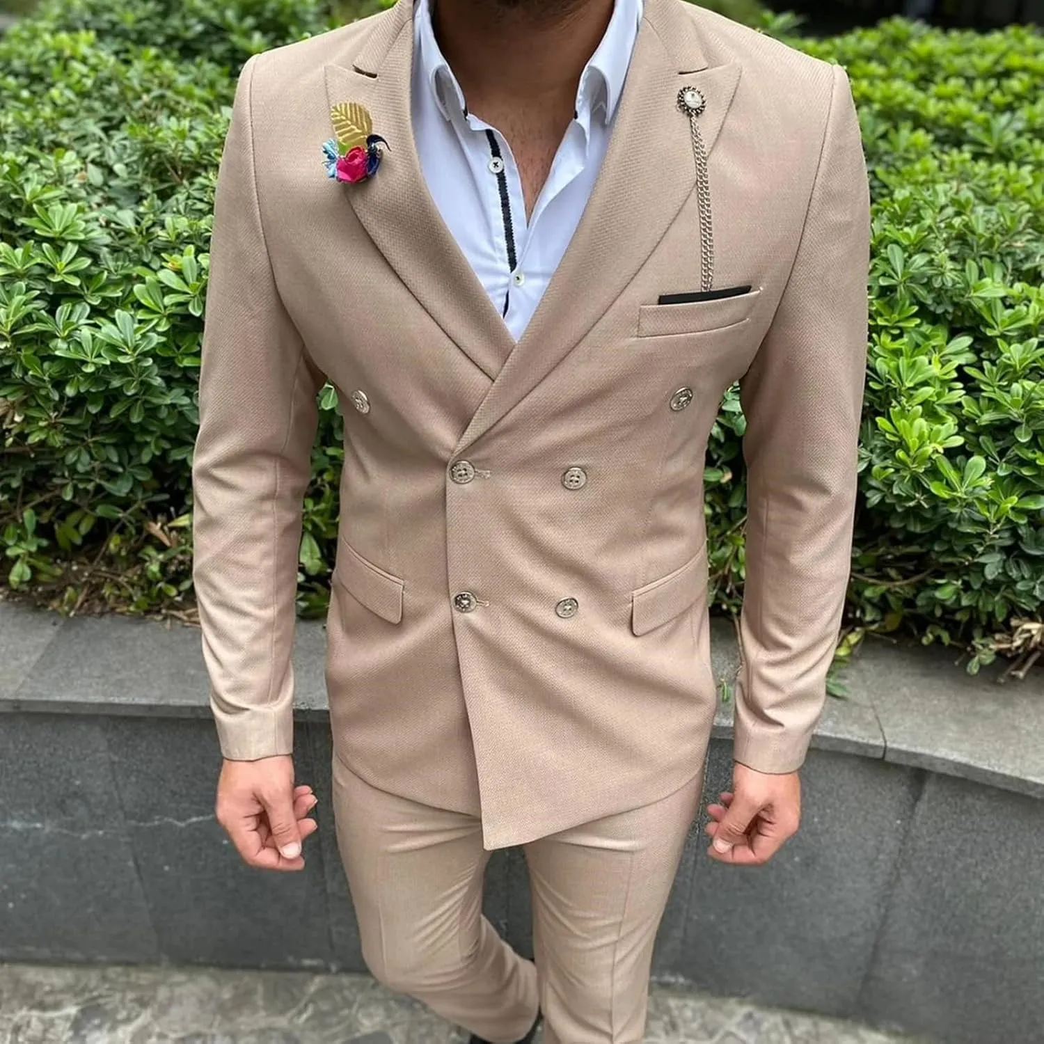 Men's 2 Piece Suit Slim Fit Solid Double Breasted Party Wedding Tuxedo Suits Peak Lapel Blazer Jacket Pants Set