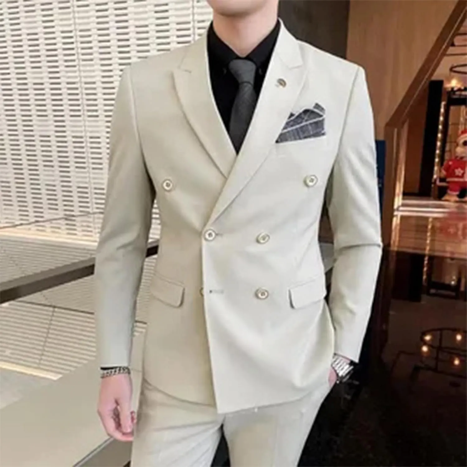 Men's 2 Piece Suit Slim Fit Solid Double Breasted Party Wedding Tuxedo Suits Peak Lapel Blazer Jacket Pants Set