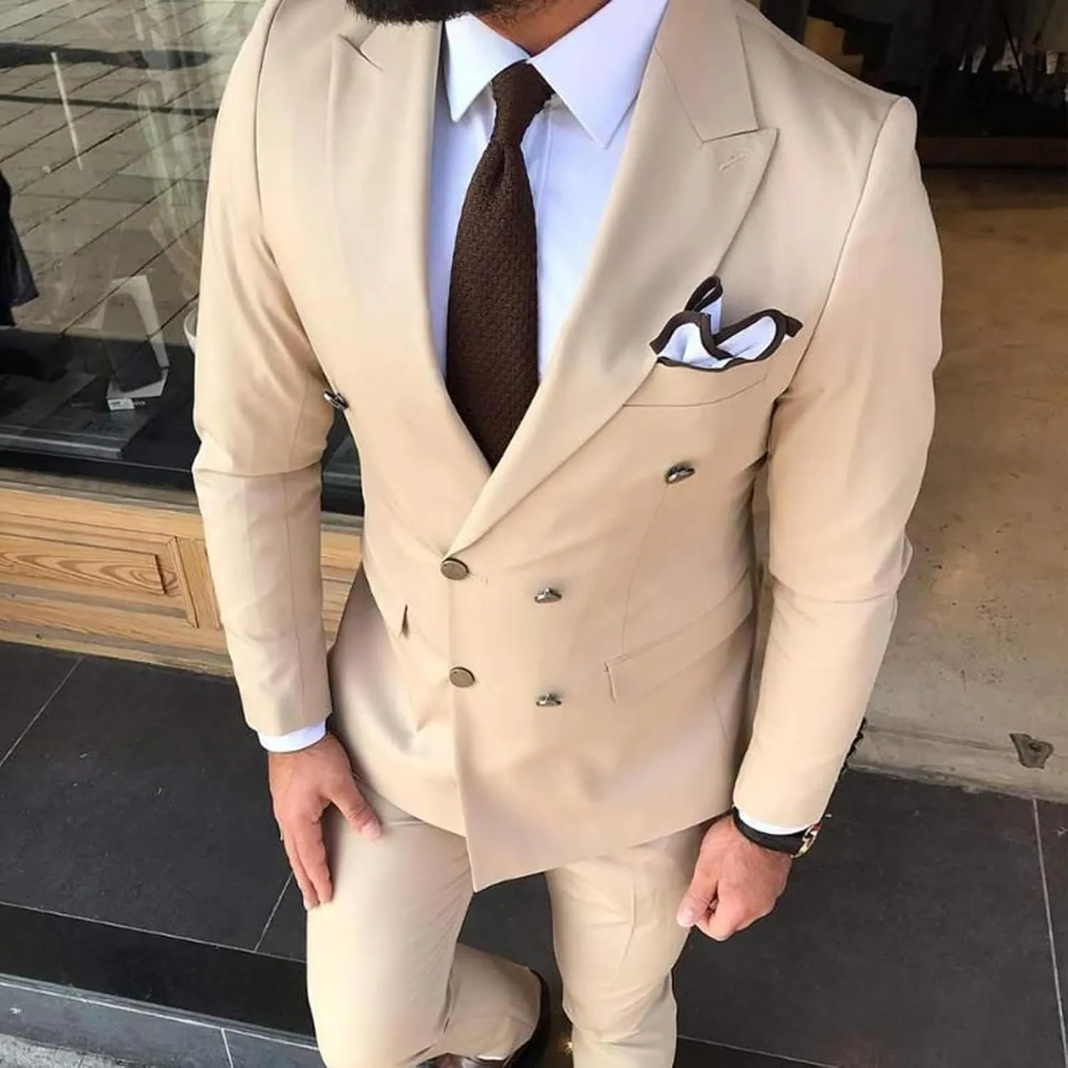 Men's 2 Piece Suit Slim Fit Solid Double Breasted Party Wedding Tuxedo Suits Peak Lapel Blazer Jacket Pants Set