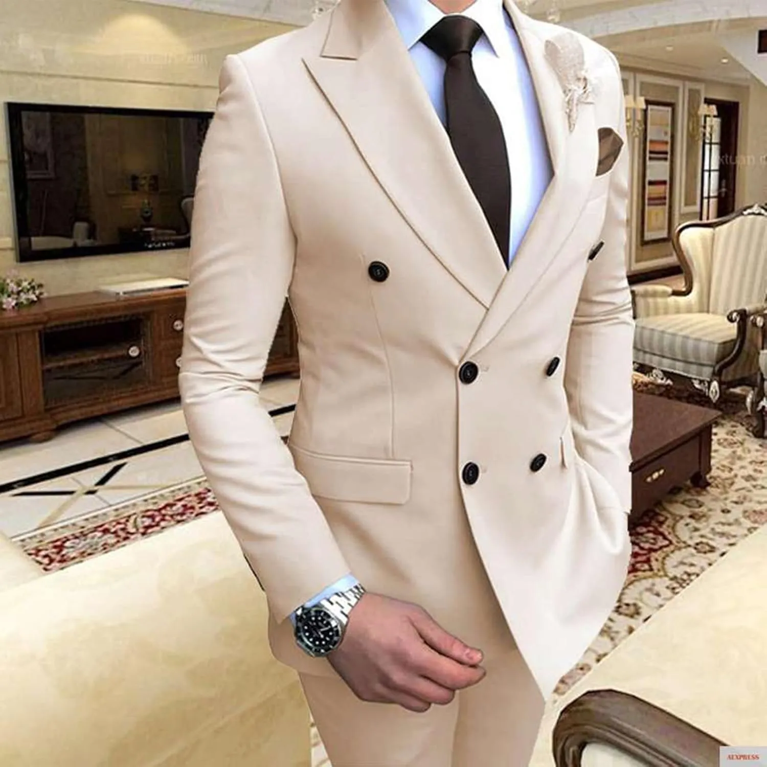 Men's 2 Piece Suit Slim Fit Solid Double Breasted Party Wedding Tuxedo Suits Peak Lapel Blazer Jacket Pants Set