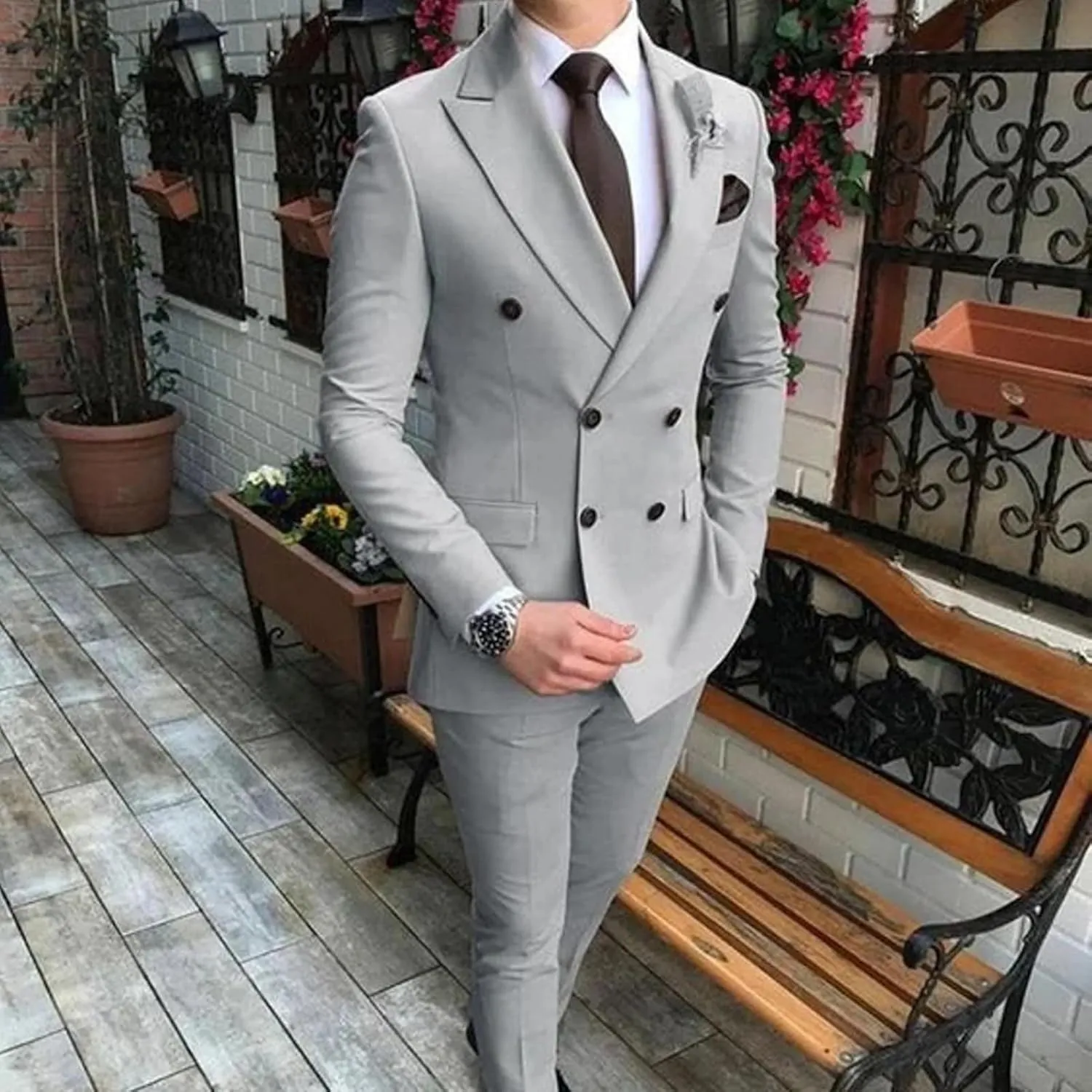 Men's 2 Piece Suit Slim Fit Solid Double Breasted Party Wedding Tuxedo Suits Peak Lapel Blazer Jacket Pants Set