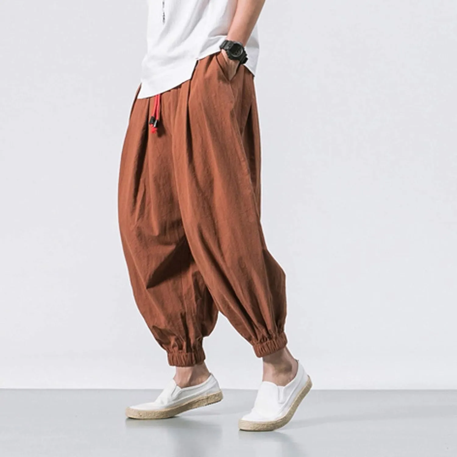 Mens Cotton Linen Hippie Harem Pants Baggy Linen Boho Yoga Pants Loose Casual Drop Crotch Trouser Drawstring Waist Sweatpants
