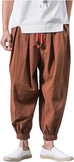Mens Cotton Linen Hippie Harem Pants Baggy Linen Boho Yoga Pants Loose Casual Drop Crotch Trouser Drawstring Waist Sweatpants
