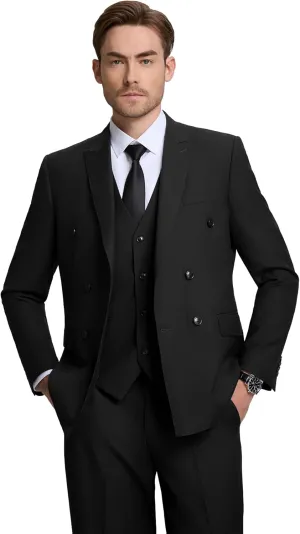 Mens Double Breasted Suit Slim Fit 3 Piece Suit Peak Lapel Solid Blazer Jacket Vest Pant Tuxedo Set for Wedding Business