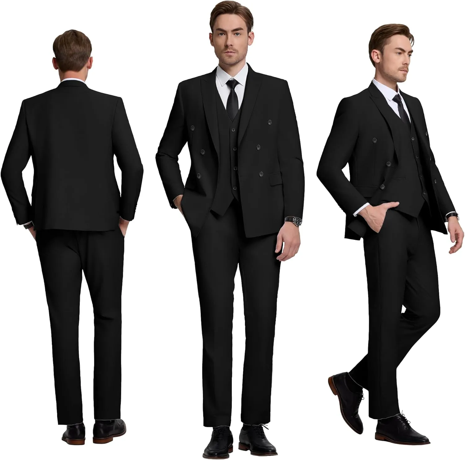 Mens Double Breasted Suit Slim Fit 3 Piece Suit Peak Lapel Solid Blazer Jacket Vest Pant Tuxedo Set for Wedding Business