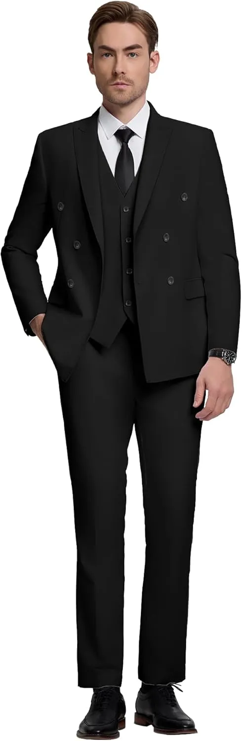 Mens Double Breasted Suit Slim Fit 3 Piece Suit Peak Lapel Solid Blazer Jacket Vest Pant Tuxedo Set for Wedding Business