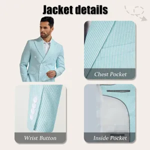 Mens Suit Summer Seersucker 2 Piece Double Breasted Buckle Striped Tuxedos for Men Wedding Suits Cotton Beach Party