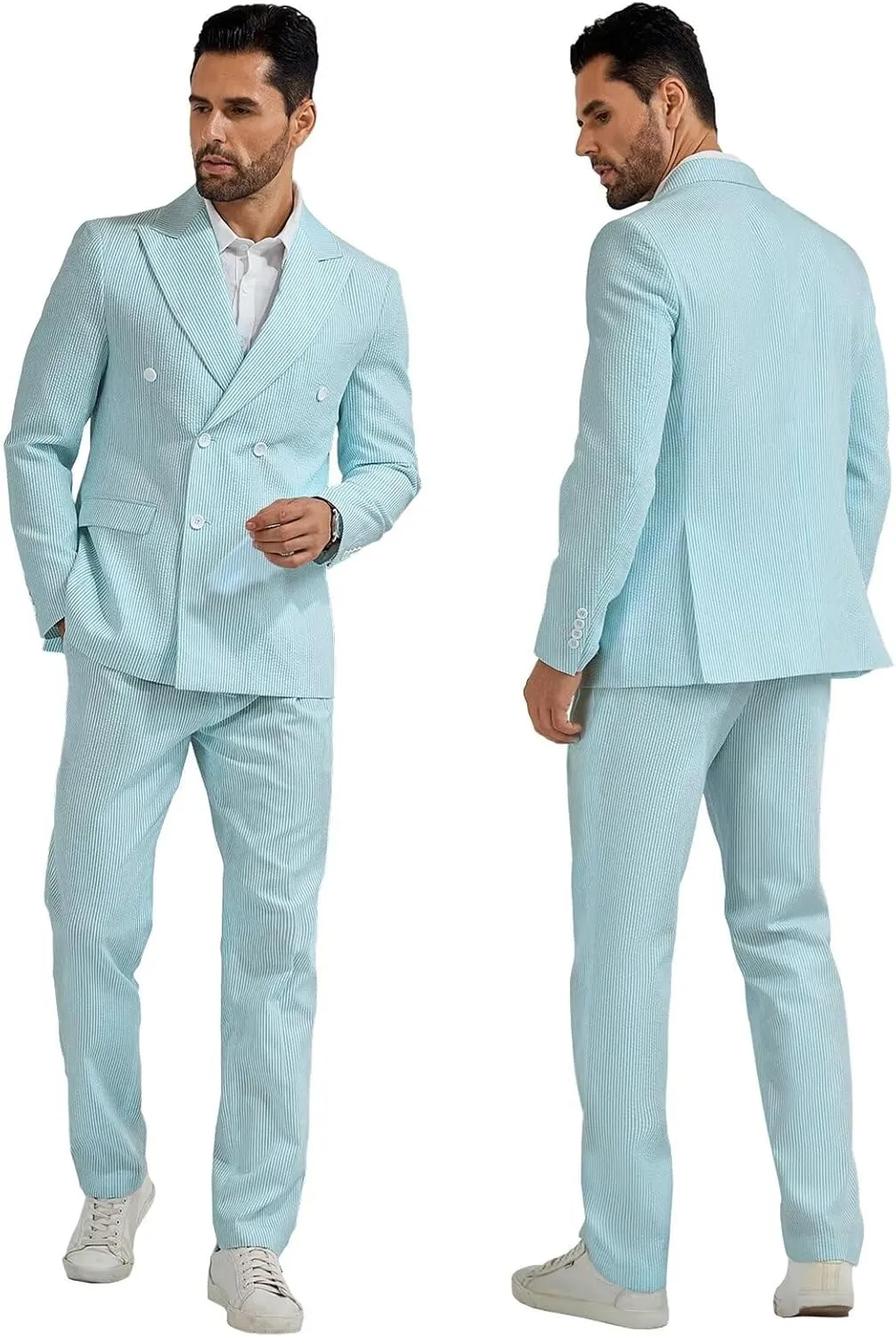Mens Suit Summer Seersucker 2 Piece Double Breasted Buckle Striped Tuxedos for Men Wedding Suits Cotton Beach Party