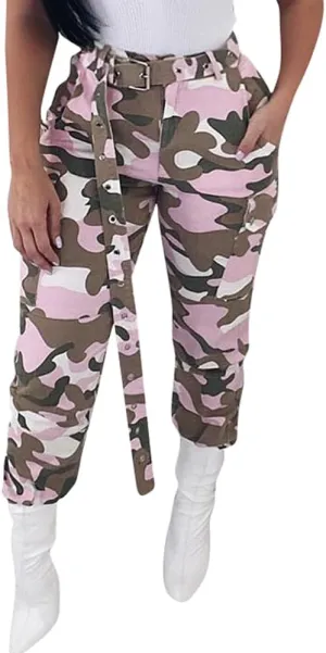 MESLIMA Women's Camo Pants High Waist Slim Fit Cargo Trousers with Pocket Camouflage Long Sweatpant with Belt