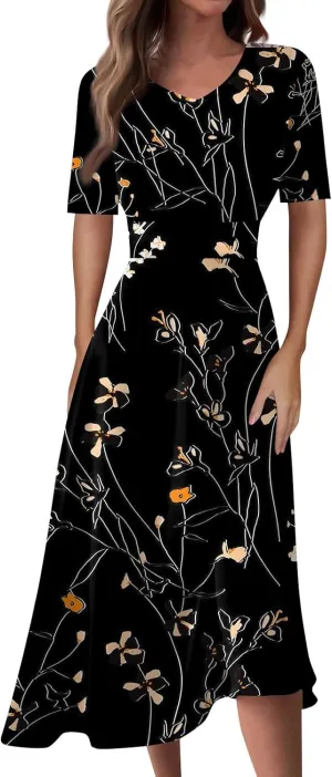 Midi Dresses for Women Printing Waist V Neck Beach Dress Short Sleeve Maxi Dresses A-Line Dressy Swing Dress