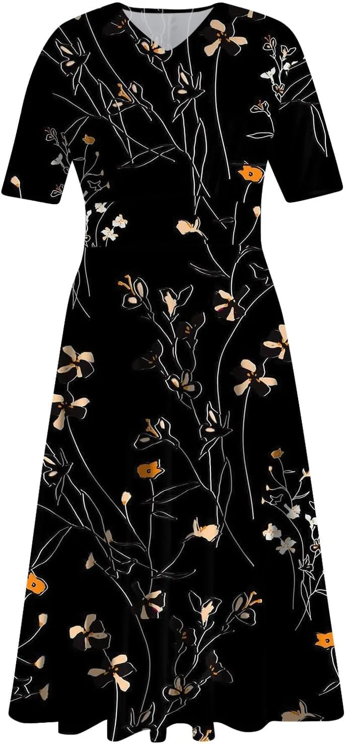 Midi Dresses for Women Printing Waist V Neck Beach Dress Short Sleeve Maxi Dresses A-Line Dressy Swing Dress