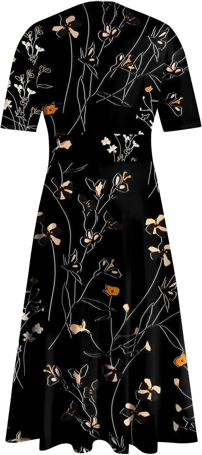 Midi Dresses for Women Printing Waist V Neck Beach Dress Short Sleeve Maxi Dresses A-Line Dressy Swing Dress