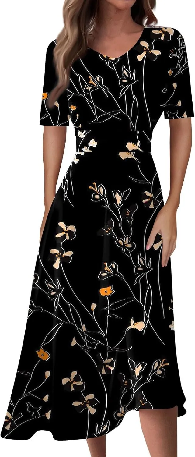 Midi Dresses for Women Printing Waist V Neck Beach Dress Short Sleeve Maxi Dresses A-Line Dressy Swing Dress
