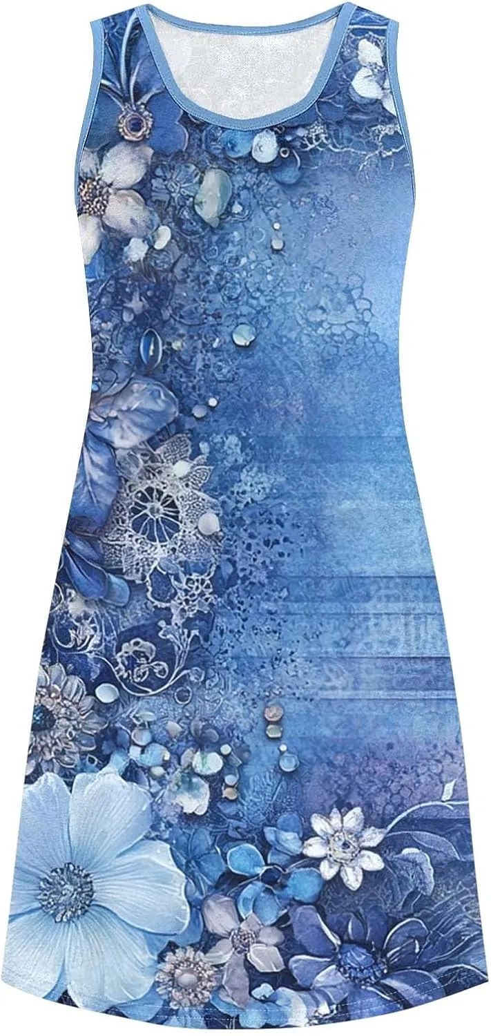 Midi Dresses for Women Summer Boho Floral Print Sleeveless Tank Dresses A-Line Casual Sundress Beach Cover Ups