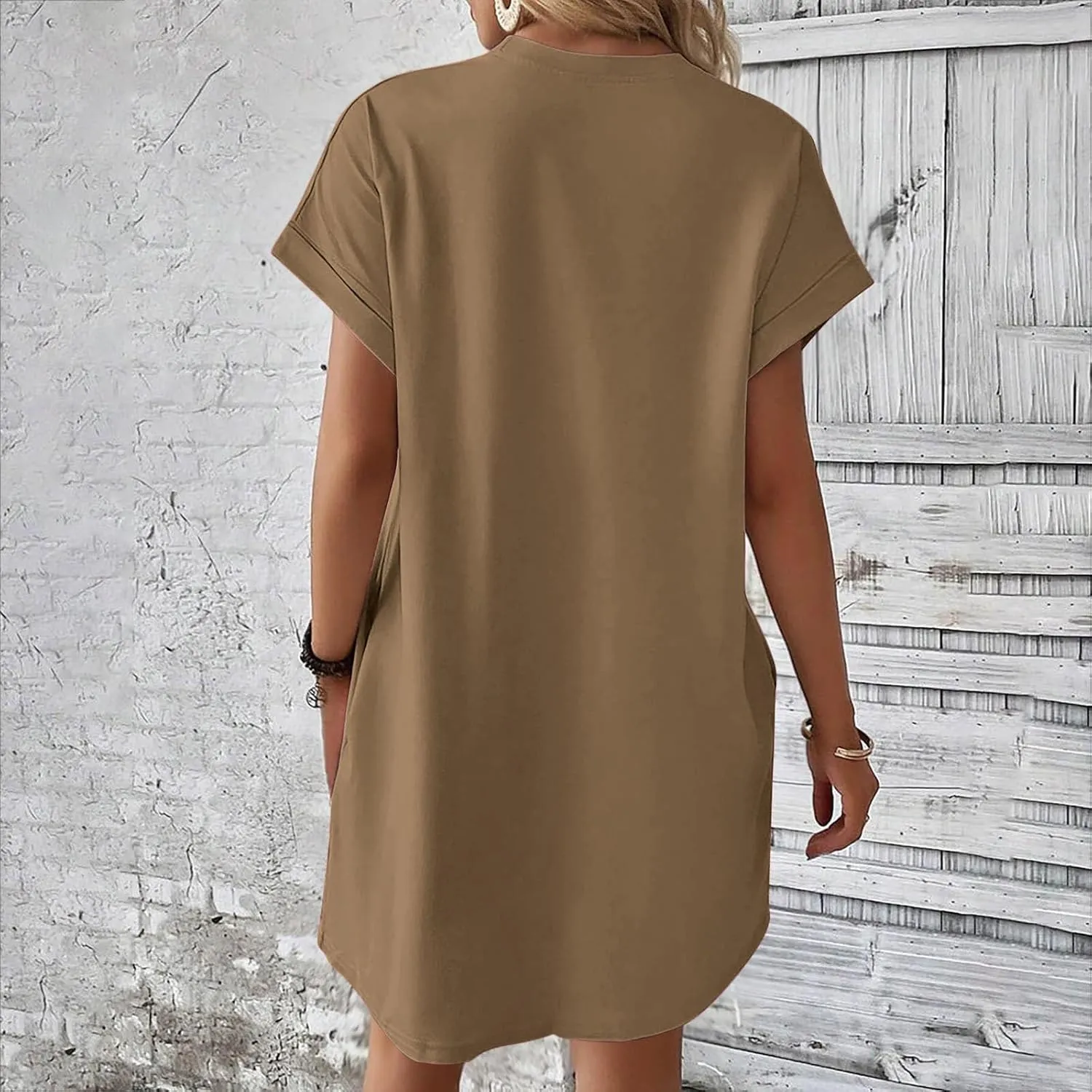 Mini Dress for Women Beach Vacation Pocket Mini Dresses for Women with Short Sleeves Summer Casual Loose Wrap Dress