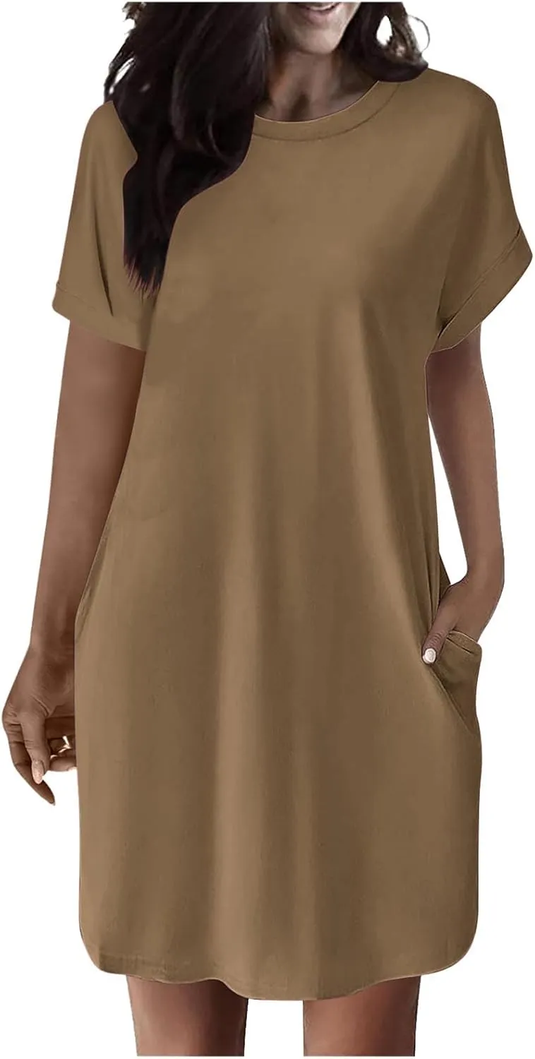 Mini Dress for Women Beach Vacation Pocket Mini Dresses for Women with Short Sleeves Summer Casual Loose Wrap Dress
