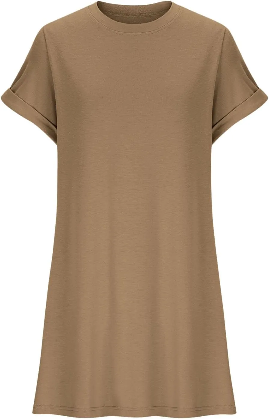 Mini Dress for Women Beach Vacation Pocket Mini Dresses for Women with Short Sleeves Summer Casual Loose Wrap Dress