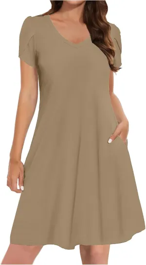 Mini Dresses for Women Casual V-Neck Short Sleeve Sundresses Ladies Fashion Summer Beach Short Dress with Pockets