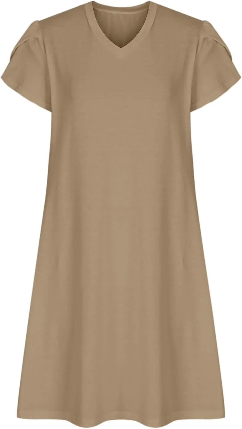 Mini Dresses for Women Casual V-Neck Short Sleeve Sundresses Ladies Fashion Summer Beach Short Dress with Pockets