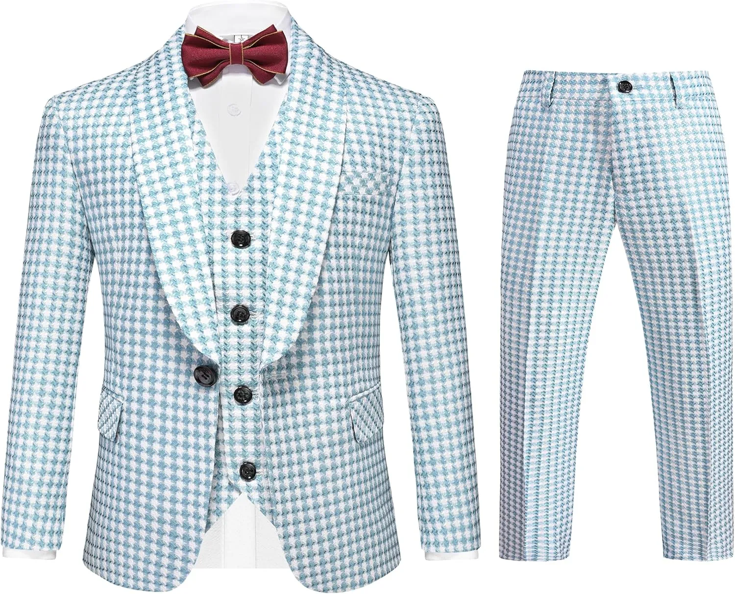 MOGU Boys 3-Piece Houndstooth Tuxedo Suit Set - Slim Fit Shawl Lapel Outfit Blazer Vest Pants Kids' Weddings Ring Bearer