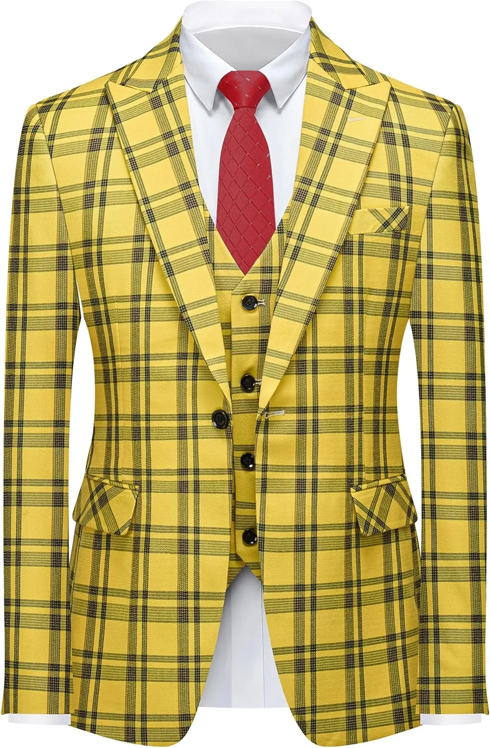 MOGU Mens 3-Piece Slim Fit Plaid Suit - Blazer, Vest, and Pants Set for Wedding Prom Casual