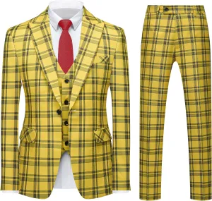 MOGU Mens 3-Piece Slim Fit Plaid Suit - Blazer, Vest, and Pants Set for Wedding Prom Casual
